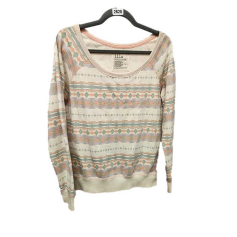 LiLu Long Sleeve Scoop Neck Cream Blouse W/ Pale Pastel Geometric size L